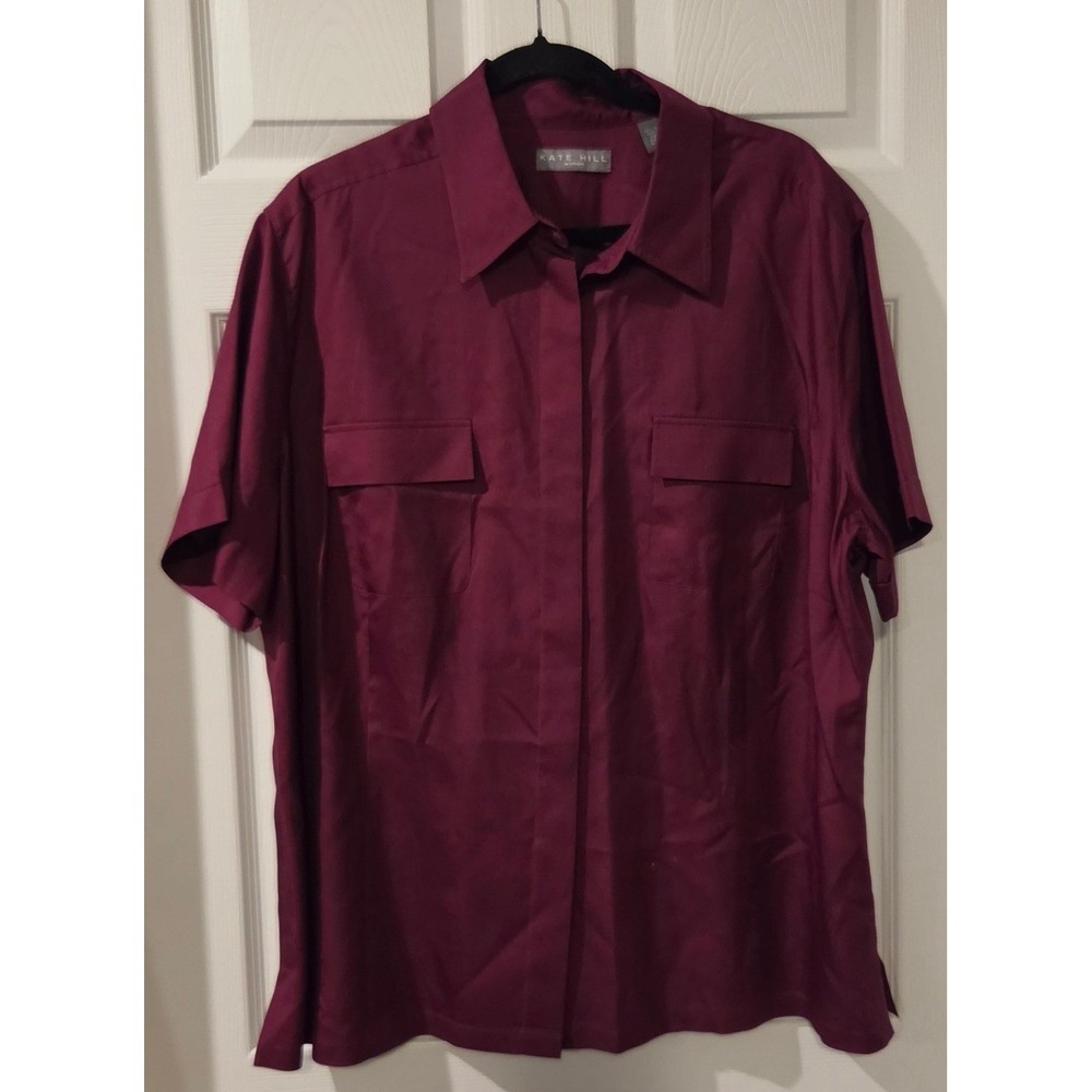 Kate Hill 22W 100% Silk Blouse Berry Burgundy Plus Size Button Down Shirt